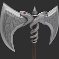 Double Bladed Axe Weapon With Snake Heads Red Eyes Intricate Patterns And Wooden Handle