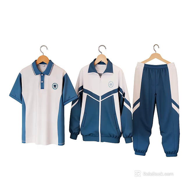 Blue And White Striped School Uniform Clothes With Polo Shirt Jacket And Pants 3d model 