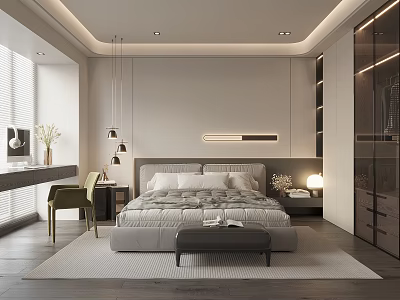 Modern Bedroom Interior With Gray Bed Headboard LED Strip Desk Green Chair Wardrobe And Blinds 3d model