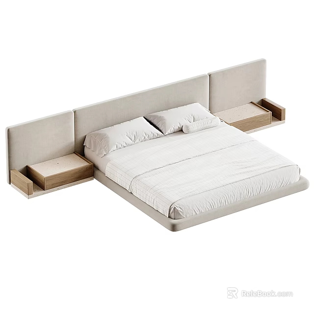 Modern Minimalist Double Bed With Upholstered Headboard And Wooden Side Tables 3d model 