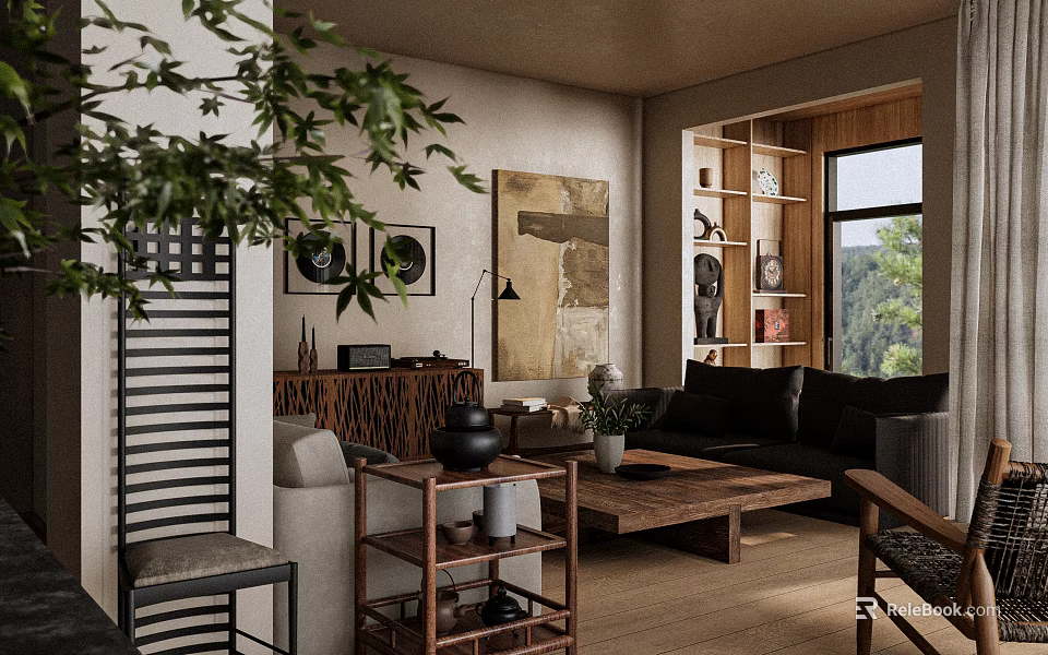 Warm Cozy Living Room Interior With Rustic Wooden Furniture Comfortable Sofa And Art Wall Decor 3d model 