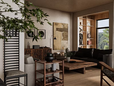 Warm Cozy Living Room Interior With Rustic Wooden Furniture Comfortable Sofa And Art Wall Decor 3d model