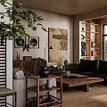 Warm Cozy Living Room Interior With Rustic Wooden Furniture Comfortable Sofa And Art Wall Decor