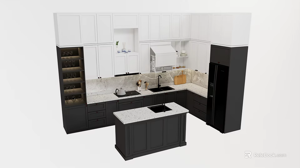 White And Black Kitchen Cabinets With Marble Countertops And Central Island 3d model 