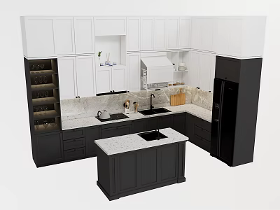 White And Black Kitchen Cabinets With Marble Countertops And Central Island 3d model