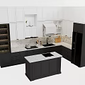 White And Black Kitchen Cabinets With Marble Countertops And Central Island
