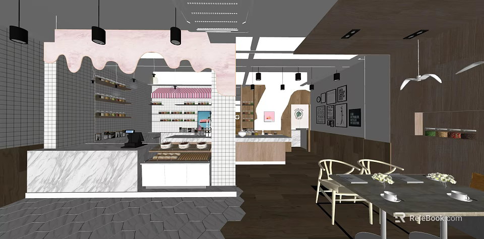 Modern Bubble Tea Shop Interior With Counter Seating Area And Decorative Shelves 3d model 