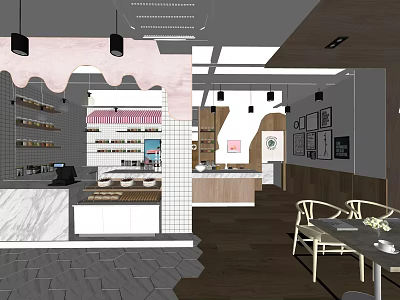 Modern Bubble Tea Shop Interior With Counter Seating Area And Decorative Shelves 3d model