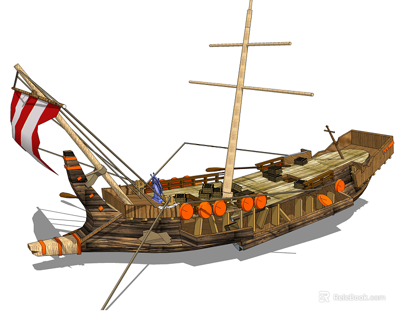 Wooden Sailing Ship With Red And White Striped Sail Mast And Orange Buoys On Deck 3d model 