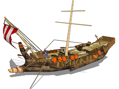 Wooden Sailing Ship With Red And White Striped Sail Mast And Orange Buoys On Deck 3d model