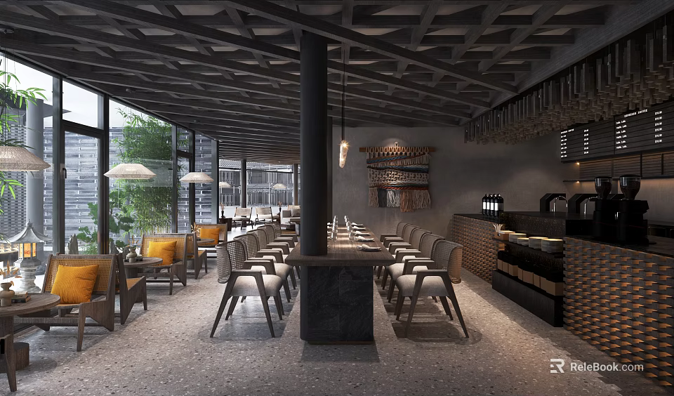 Modern Coffee Shop Interior With Wooden Ceiling Comfortable Seating And Hanging Lights 3d model 