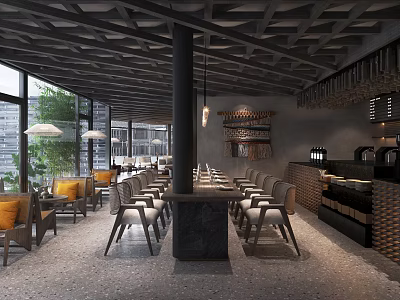 Modern Coffee Shop Interior With Wooden Ceiling Comfortable Seating And Hanging Lights 3d model