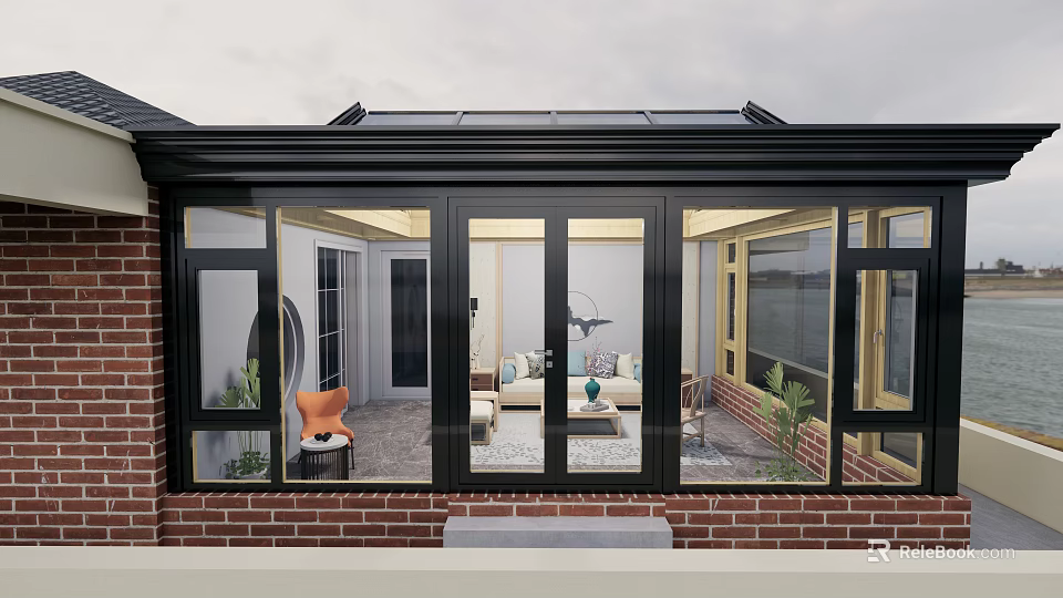 Roof Garden Sunroom With Glass Roof Brick Structure Cozy Interior And Plants 3d model 