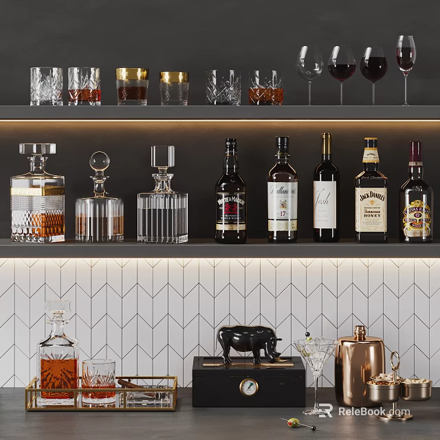 Elegant Wine Bottles and Glassware Display on Shelf with Herringbone Tile Backdrop 3d model 