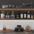 Elegant Wine Bottles and Glassware Display on Shelf with Herringbone Tile Backdrop 3d model