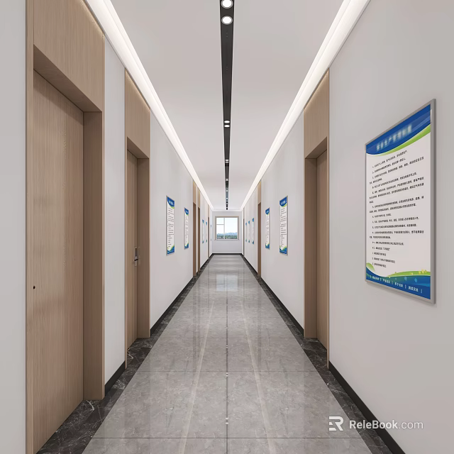 Modern Office Corridor With Multiple Doors Gray Tiled Floor And Information Boards 3d model