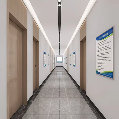 Modern Office Corridor With Multiple Doors Gray Tiled Floor And Information Boards 3d model