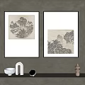 Chinese Landscape Paintings In Black Frames On Gray Wall With Modern Decor 3d model