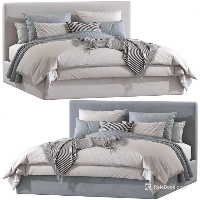Modern Double Bed with Padded Headboard Light Colored Bedding Multiple Pillows and Soft Blankets 3d model