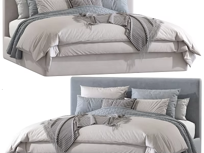 Modern Double Bed with Padded Headboard Light Colored Bedding Multiple Pillows and Soft Blankets 3d model