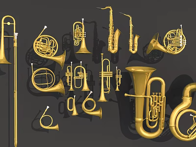 Display of Golden Brass Instruments Including Trombones Trumpets and Tubas on Dark Background 3d model