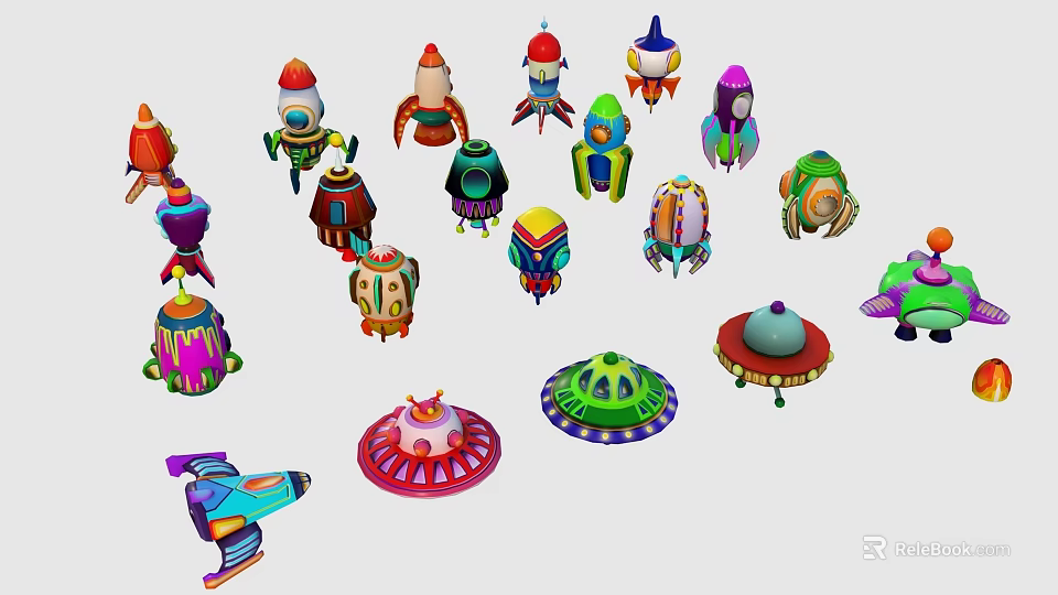 Various Colorful Play Equipment Featuring Rocket Spaceship And Flying Saucer Shapes 3d model 