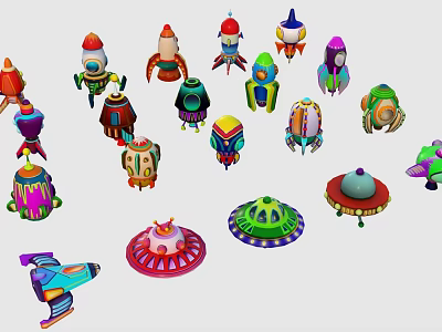 Various Colorful Play Equipment Featuring Rocket Spaceship And Flying Saucer Shapes 3d model