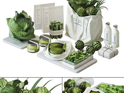 Fresh Green Vegetables Cabbage Artichoke with Green Paste White Trays and Bottles in Canvas Bag 3d model
