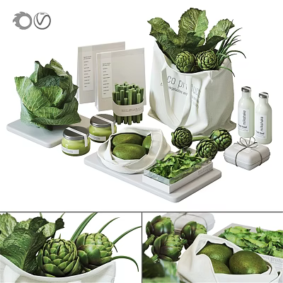 Fresh Green Vegetables Cabbage Artichoke with Green Paste White Trays and Bottles in Canvas Bag 3d model