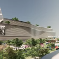 Modern Office Building With Green Roof Landscaped Plaza And Glass Exterior