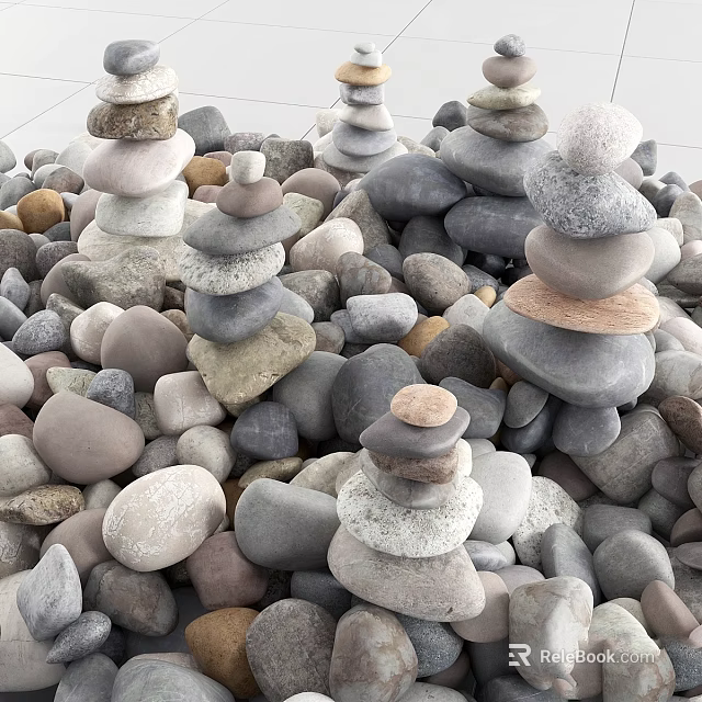 Natural Garden Decor With Stacked Stone Towers Various Sizes Colors And Scattered Pebbles 3d model 