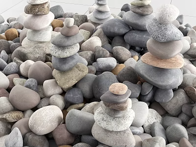 Natural Garden Decor With Stacked Stone Towers Various Sizes Colors And Scattered Pebbles 3d model