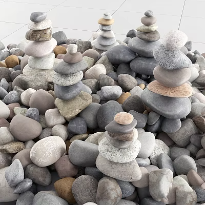 Natural Garden Decor With Stacked Stone Towers Various Sizes Colors And Scattered Pebbles 3d model