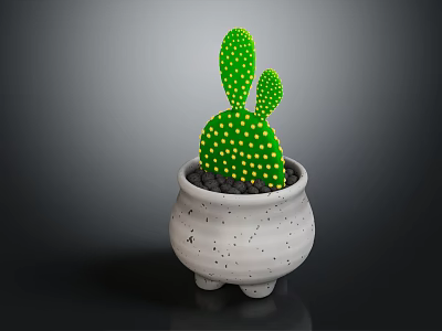 Green Cactus Plant with Yellow Dots in White Pot with Black Spots and Three Feet 3d model