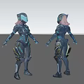 Futuristic Female Character Sculpture With Blue Armor Pink Hair Gold Accents Front And Back Views