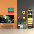 Modern TV Stand With TV Wall Painting Floor Lamp Storage Shelf Green Boxes And Books