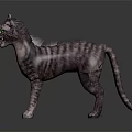 Realistic Grey Striped Cat With Green Eyes Standing On Dark Background
