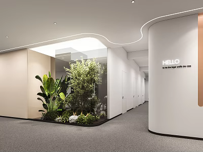 Modern Elevator Hallway Design With Lush Greenery Curved Walls And Hello Signage 3d model