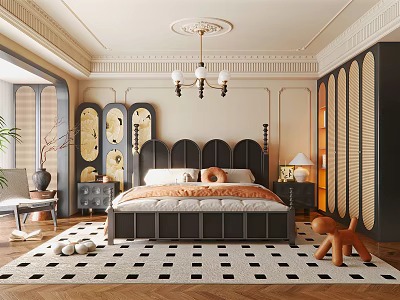 Elegant Bedroom Interior With Black Headboard Chandelier Black And White Checkerboard Rug Nightstand And Mirror 3d model