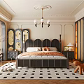 Elegant Bedroom Interior With Black Headboard Chandelier Black And White Checkerboard Rug Nightstand And Mirror