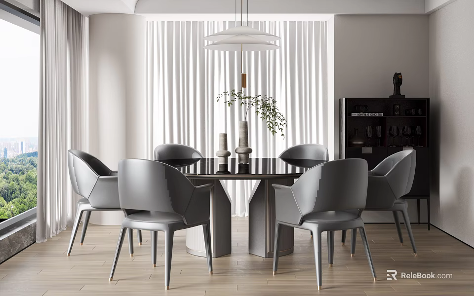Modern Interior Dining Table Set With Black Round Table Grey Chairs And White Curtains 3d model