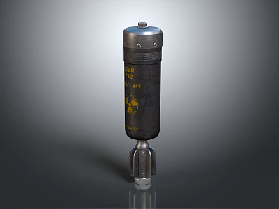 Black Cylindrical Weapon with Yellow Radioactive Symbol and Caution Label on Metal Base 3d model