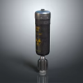 Black Cylindrical Weapon with Yellow Radioactive Symbol and Caution Label on Metal Base