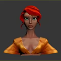 3D Render Female Character With Red Curly Hair Green Eyes And Orange Upper Outfit