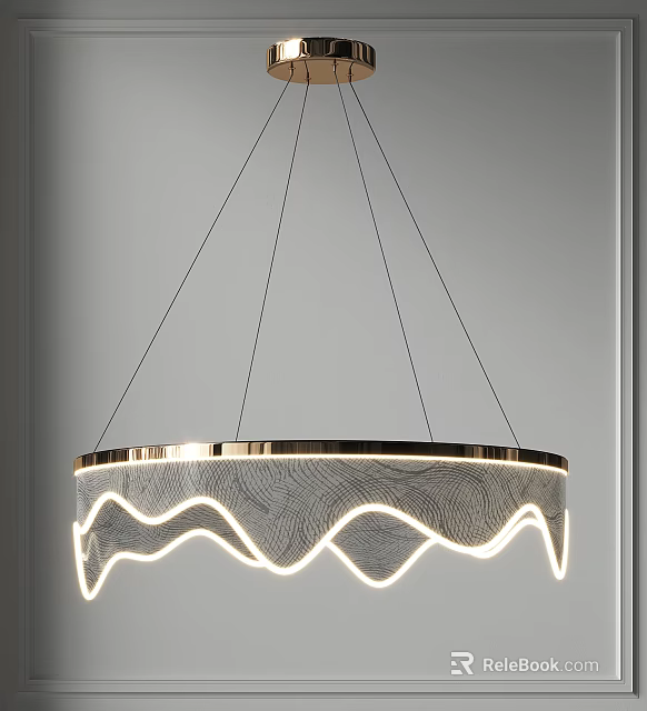 Modern Hanging Chandelier with Wavy Design Metallic Frame and Illuminated Light in Interior 3d model 
