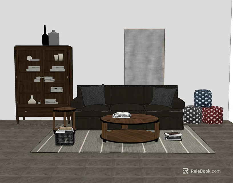 Modern Dark Three-Seater Sofa with Wooden Coffee Table Striped Rug Decorative Cushions and Wall Artwork 3d model 