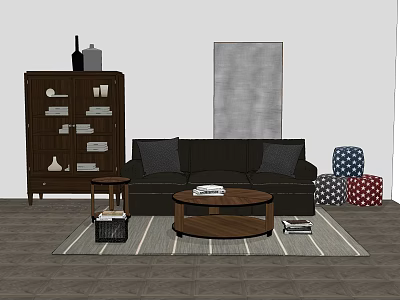 Modern Dark Three-Seater Sofa with Wooden Coffee Table Striped Rug Decorative Cushions and Wall Artwork 3d model