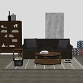 Modern Dark Three-Seater Sofa with Wooden Coffee Table Striped Rug Decorative Cushions and Wall Artwork