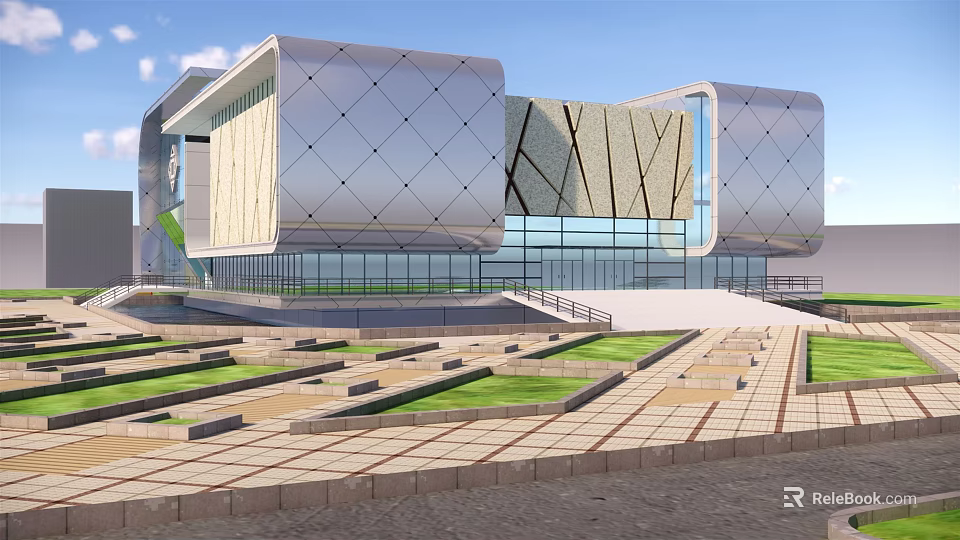 Modern Building With Geometric Facade Silver Beige Exterior Glass Windows Spacious Plaza And Green Lawns 3d model 