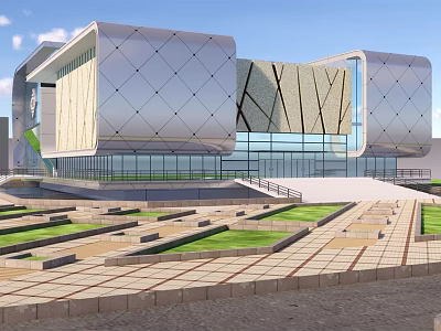 Modern Building With Geometric Facade Silver Beige Exterior Glass Windows Spacious Plaza And Green Lawns 3d model